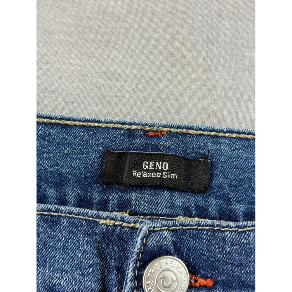 True Religion Geno Relaxed Slim Jeans Mens 37x31 Blue Excellent Horseshoe Stitch